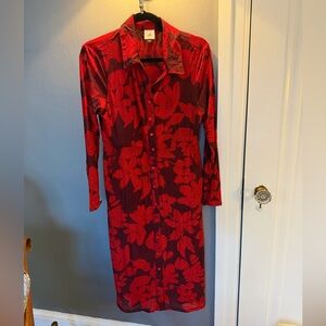 CAbi Red Floral Long Sleeve Dress, size S